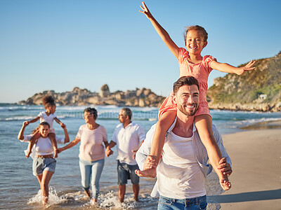 Buy stock photo Happy, travel and love with big family at beach for Colombia holiday for summer, relax and support. Sunset, nature and smile with parents, kids and grandparents walking by the sea for vacation