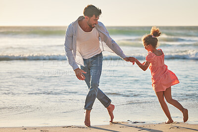 Buy stock photo Beach walk, father and girl walking by the water on holiday in Greece during summer vacation. Happy dad and child with smile while playing with love by the ocean during nature family travel together