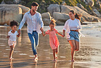 Beach, parents and kids happy, relax and enjoy holiday, vacation and break on sand barefoot. Mom, dad and children smile, running and walk while being playful on summer seaside family trip together. 