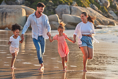 Buy stock photo Beach, parents and kids happy, relax and enjoy holiday, vacation and break on sand barefoot. Mom, dad and children smile, running and walk while being playful on summer seaside family trip together. 
