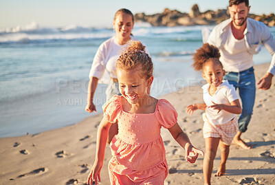 Buy stock photo Mother, father and children running on beach in fun, play and race game on family summer holiday by sea or ocean. Smile, happy and vacation daughter, girls or kids bonding with Colombia man and woman