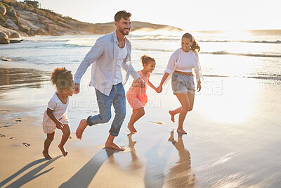 Buy stock photo Family, children and beach running, happy and fun together on vacation by the sea. Mom, girl kids and dad by the ocean, playing in water and sand show happiness on holiday or travel in summer