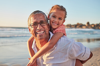 Buy stock photo Family, child and grandpa on beach vacation with smile, love and fun senior man carrying girl on back on tropical summer trip. Active grandparent and happy kid laughing during piggy back ride by sea