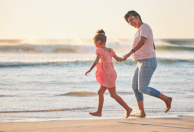 Buy stock photo Family, child and grandma running on beach vacation having fun, energy and adventure with mature and girl holding hands on tropical summer trip. Active grandparent and happy kid traveling by the sea
