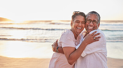 Buy stock photo Senior couple, beach travel and hug by water of Dubai, happy on holiday for retirement and love by ocean. Portrait of elderly African man and woman hugging by sea during vacation with mockup space