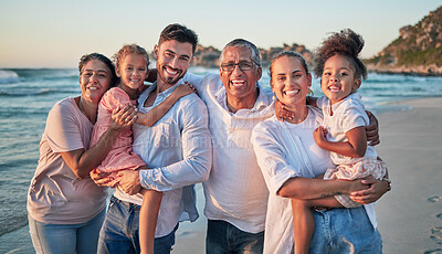 Buy stock photo Big family, happy and beach portrait of people with girl children by the sea at sunset. Happiness of a summer vacation with kids spending quality time together on the ocean water waves and sand