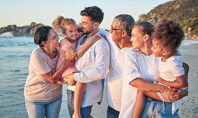 Buy stock photo Happy big family, love and beach holiday in Brazil, vacation or summer trip. Travel, relax and mom, dad and grandparents with girls smile walking, bonding and caring on ocean, sea and sandy shore.