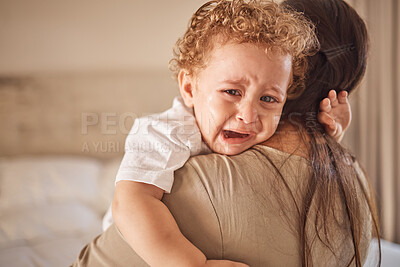Buy stock photo Mother and crying baby in a bedroom with portrait of sad son looking upset at nap time. Children, love and insomnia with baby boy comfort by loving parent, embracing and bond in their home together