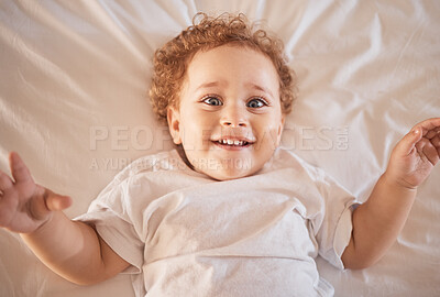 Buy stock photo Portrait, baby boy and happy toddler children relax in bedroom, home and playful youth in Australia. Above face of cute, funny and excited young kids, healthy development and happiness, joy and smile