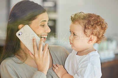 Buy stock photo Mother, boy or phone call for medical telehealth consulting support for sick child, son or kid in lockdown. Smile, happy and excited mom on mobile medicine help communication and cheering grumpy baby