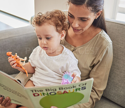 Buy stock photo Family, baby and reading a book with a mother and boy child on a sofa in the living room of home together. Education, learning and children books with a woman and her kid in a house for development