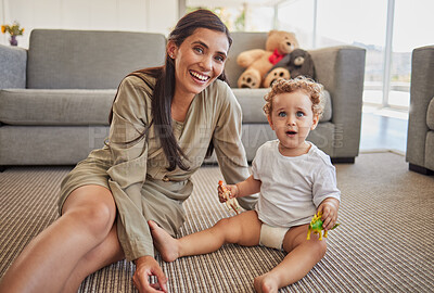 Buy stock photo Mother, baby and smile in living room playing together on carpet in home, for fun and learning with toys. Child, mom and floor with dinosaurs figure, for development of hands, mind or brain in house