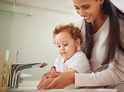 Buy stock photo Mother, boy or washing hands help in water in covid bacteria cleaning, home morning wellness or learning hygiene. Child, son or kid by house bathroom sink in healthcare security or safety with parent