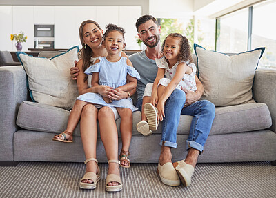 Buy stock photo Family portrait, happy and smile of parents with kids relaxing on living room sofa in bonding happiness. Father, mother and children smiling in love, comfort and relax on couch in holiday together