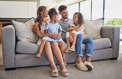 Buy stock photo Smile, love and happy family love to relax together in a positive home on a fun weekend for bonding. Happiness, mother and father smiling with young Latino kids or children enjoying quality time