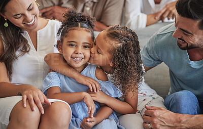 Buy stock photo Sibling love, family and kiss with children sharing a special sister bond while at home with mom and dad for bonding and to relax. Happy latino girl kids or friends sitting with man and dad parents