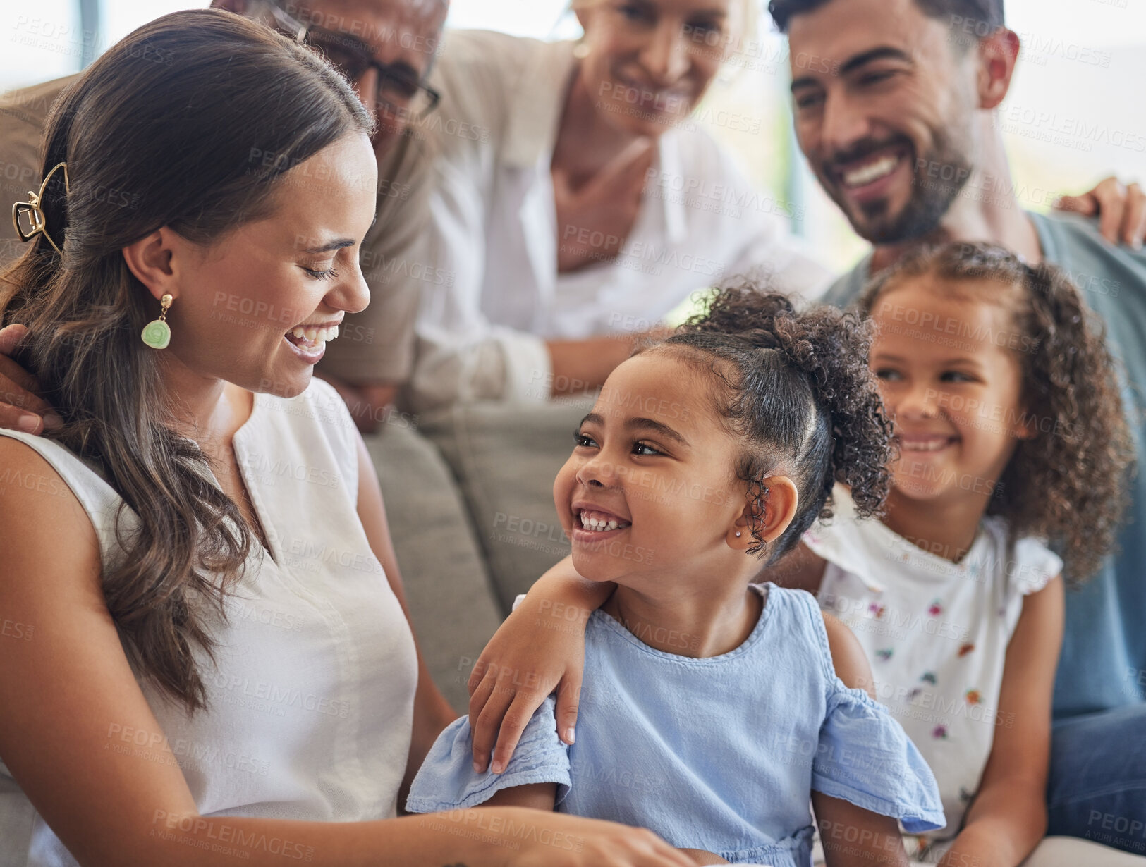 Buy stock photo Big family, happy kids and smile from Mexico on a home couch  spending quality time together. Mother, children and grandparents relax by a living room house lounge sofa with happiness laughing 