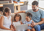 Children streaming, laptop comedy and parents relax with movie on internet in lounge, family watching subscription service show and funny film. Kids with movies on computer with mother and father