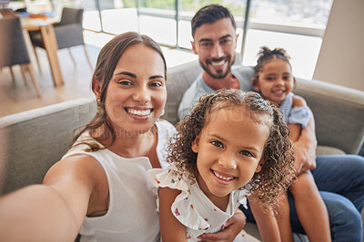 Buy stock photo Happy family, selfie and love on sofa in home living room couch, bonding and caring. Portrait, mom and father, kids or girls from Spain spending quality time in relax, care and support in house.