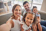 Happy, smile and selfie portrait of a family relax on living room sofa while bonding, having fun and enjoy quality time together. Love, peace and happiness for mom, dad and kid children from Brazil