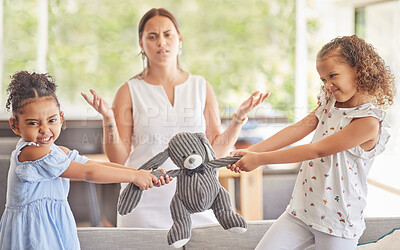 Buy stock photo Toys, fight and kids with angry children in conflict while mother confused about family problems or communication. Girl siblings upset about teddy bear with mom trying to talk in home living room