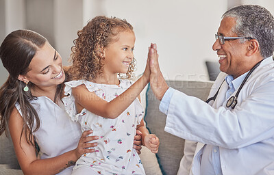 Buy stock photo Family, medical and high five with girl and doctor in consulting hospital room for healthcare, trust and support. Communication, medicine and smile with pediatrician consultant with mom and child