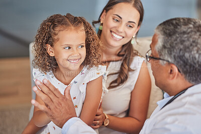 Buy stock photo Child doctor, pediatrician and high five with happy girl patient with mom parent during health checkup with healthcare insurance. Latino kid and woman celebrate with man gp in Puerto Rico hospital