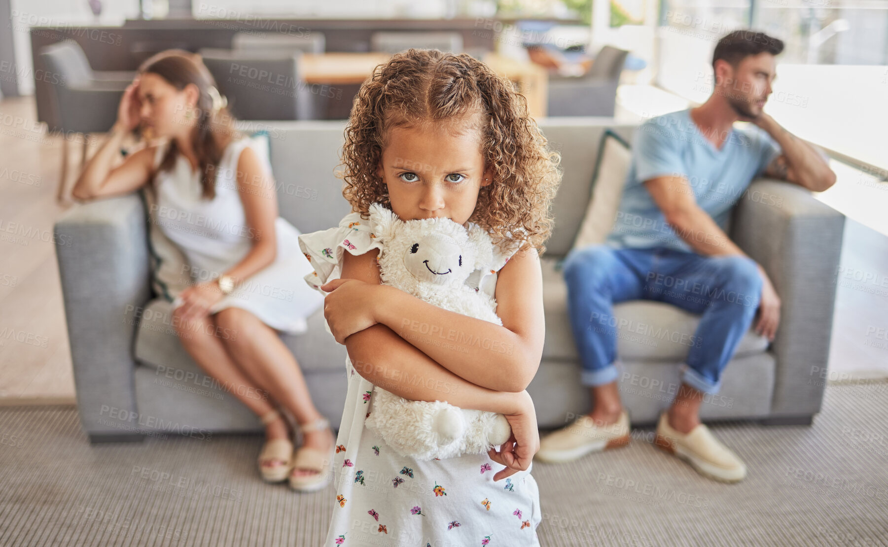 Buy stock photo Sad girl, fighting parents thinking of divorce in living room and child scared family will separate. Depressed toxic home worry kid with support needs, upset mother and frustrated father in argument