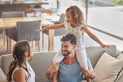 Buy stock photo Children, family and love with a girl, mother and father playing on a sofa in the living room of their home together. Kids, happy and smile with a man, woman and daughter having fun in their house