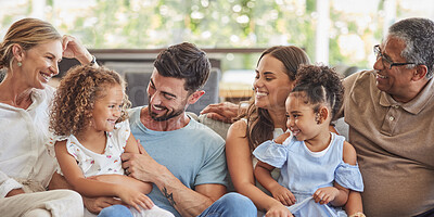 Buy stock photo Happy, smile and big family on a sofa to relax in the living room together at home. Diverse grandparents, parents and children from Brazil with happiness, love and bonding sitting on a couch.