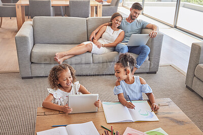 Buy stock photo Family, children and education with a girl learning about art with a book and tablet in the living room with their parents. Kids, student and homeschool with a mother, father and daughter in a house