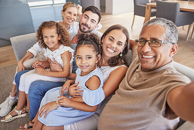 Buy stock photo Selfie, family and children with a grandfather taking a photograph of his grandchildren and parents at home. Kids, love and grandparents with a man and his relatives in the living room for a photo