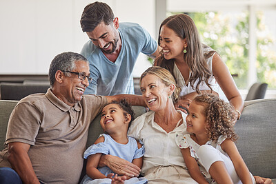 Buy stock photo Relax, love and big family happy on sofa smile together in home on the weekend with children. Cheerful and diverse senior grandparents, parents and young kids in Brazil bond in living room.

