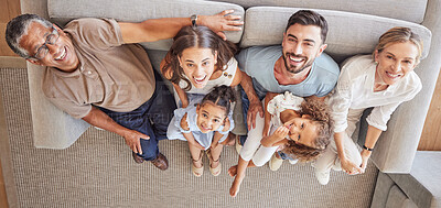 Buy stock photo Children, parents and grandparents on sofa with above view and generations of family spending time together. Love, diversity and couple with girl kids, grandma and grandpa relax and smile at home.