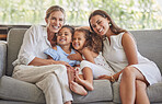 Happy family, grandmother and mom with children in portrait at home hugging and bonding in celebration of mothers day in USA. Smile, mum with kids enjoys quality time with senior woman in retirement