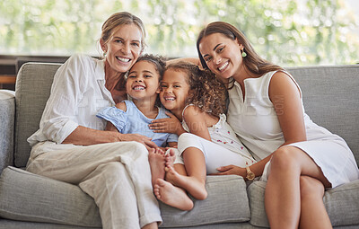 Buy stock photo Happy family, grandmother and mom with children in portrait at home hugging and bonding in celebration of mothers day in USA. Smile, mum with kids enjoys quality time with senior woman in retirement