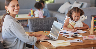 Buy stock photo Children, laptop and woman working from home on freelance blog, check email and girl have fun playing in living room. Love, multitask and child care parents or mom balance work life with family kids