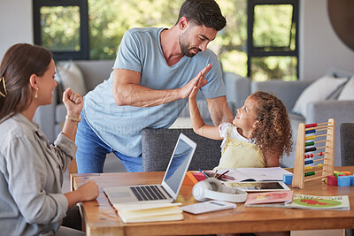 Buy stock photo High five, family and education with a student girl learning and studying at home while her parents remote work from home. Study, school and support with a father giving motivation to his daughter