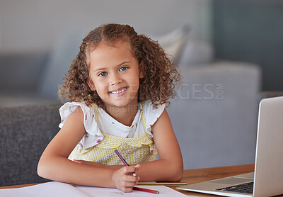 Buy stock photo Child girl learning online, writing and studying at home with laptop on table. Portrait of happy, creative and young kid with smile for education on computer and drawing in notebook with color pencil
