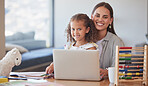 Home school, kid and mother with laptop elearning, education and studying for growth, development and knowledge. Portrait of happy mom, smile young kindergarten girl child and help of online teaching