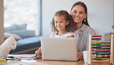 Buy stock photo Home school, kid and mother with laptop elearning, education and studying for growth, development and knowledge. Portrait of happy mom, smile young kindergarten girl child and help of online teaching