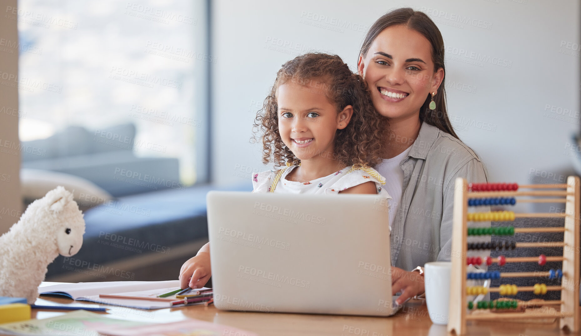 Buy stock photo Home school, kid and mother with laptop elearning, education and studying for growth, development and knowledge. Portrait of happy mom, smile young kindergarten girl child and help of online teaching