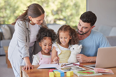Buy stock photo Family, children and education with a mother and father teaching their girl kids in the living room while doing homework. Study, learning and book with parents helping their daughter at home