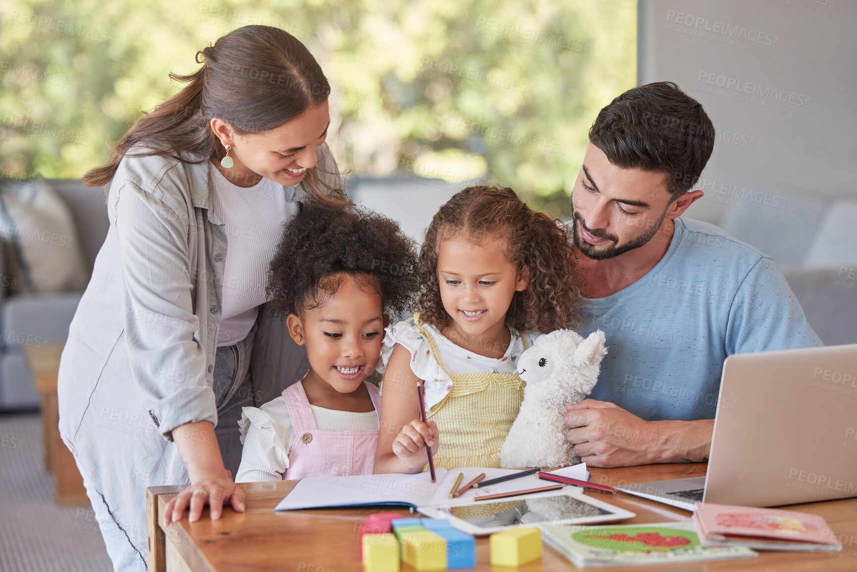 Buy stock photo Family, children and education with a mother and father teaching their girl kids in the living room while doing homework. Study, learning and book with parents helping their daughter at home