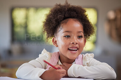 Buy stock photo Child, learning and writing for education, homework and drawing with jamaica preschool girl using pencil at home. Happy and curious student kid doing art during homeschool studying at table to learn