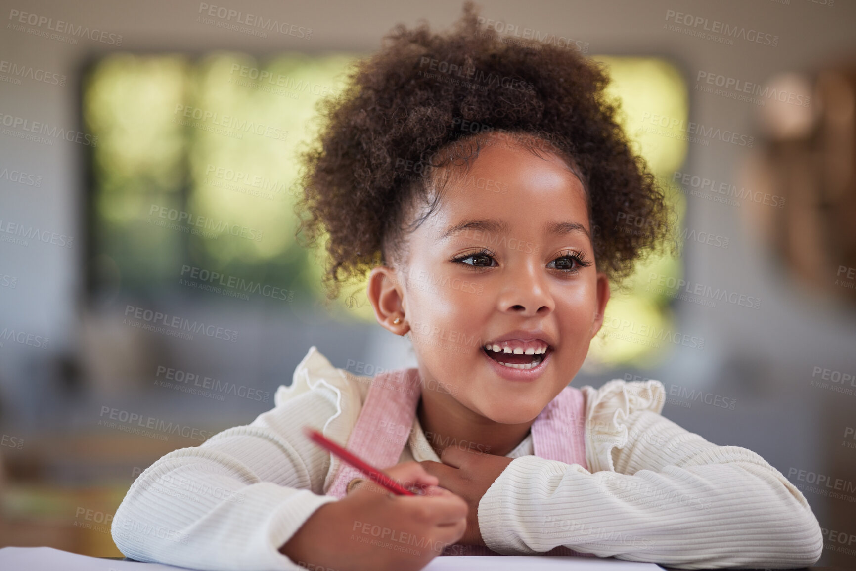 Buy stock photo Child, learning and writing for education, homework and drawing with jamaica preschool girl using pencil at home. Happy and curious student kid doing art during homeschool studying at table to learn