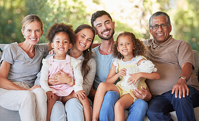 Buy stock photo Portrait family, interracial smile and grandparents happy on living room sofa with children, smile together in lounge and relax on couch in house. Kids, mother and father with senior people for visit