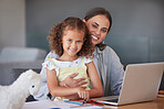Girl homework, laptop school and mother helping child with school work on the internet, family learning together on web and smile for home education. Portrait of girl and mom working on project on pc