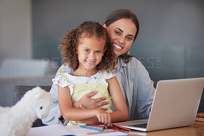 Buy stock photo Girl homework, laptop school and mother helping child with school work on the internet, family learning together on web and smile for home education. Portrait of girl and mom working on project on pc