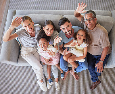 Buy stock photo Hands, wave and big family top view on sofa or couch in living room home. Portrait of caring mom, dad and girls with grandparents together in house lounge spending time together, bonding and love.